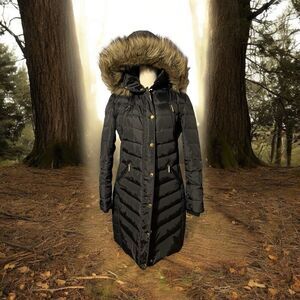 Michael Michael Kors Black Chevron Faux Fur Trim Hooded Down Puffer Coat PM